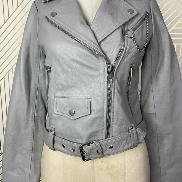 MAJE Bassung Belted Leather Motorcycle Jacket Gray - Picture 5 of 12